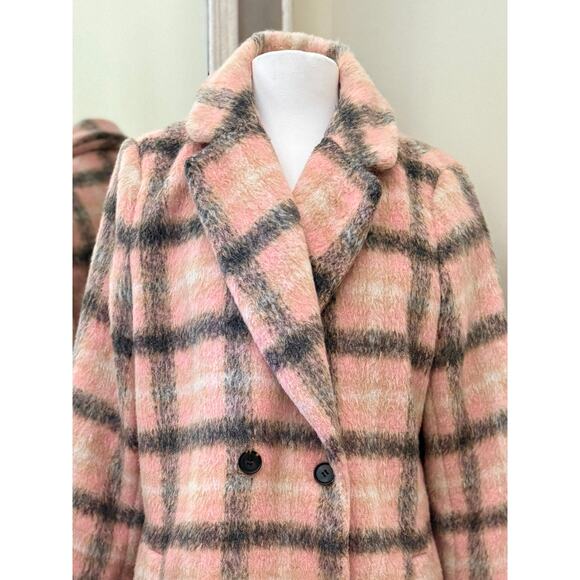 LOFT Wool Blend Coat Pink Gray Plaid Double Breasted Long Winter Overcoat XLT - Picture 4 of 10